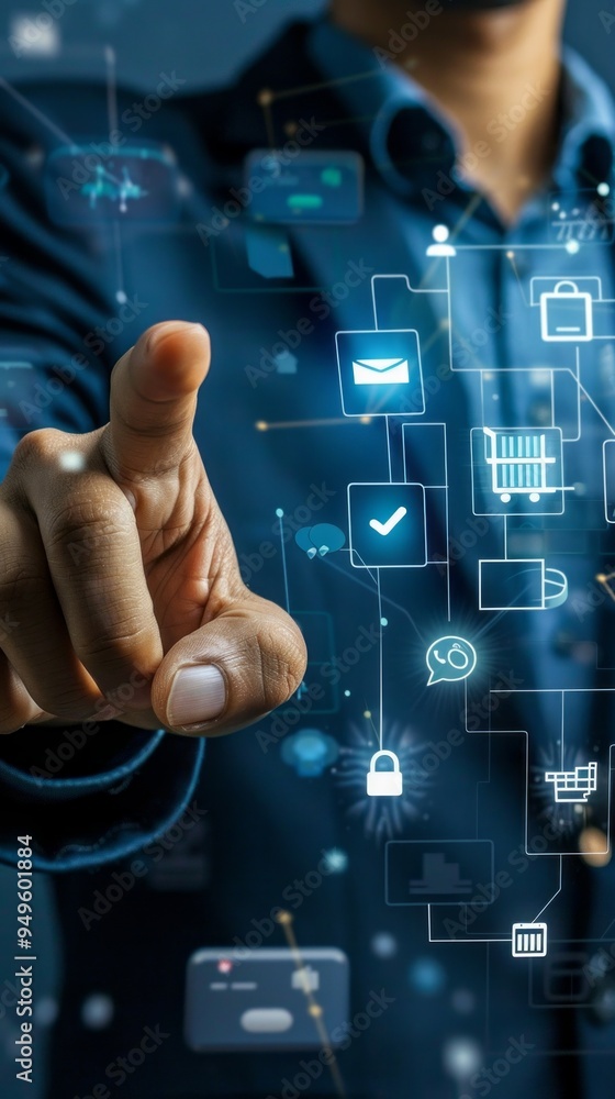 Poster A man is pointing at a screen with a lot of icons and buttons