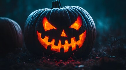 Obraz premium A close-up of a jack-o-lantern with a scary face glowing in the dark