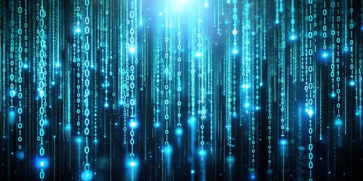High-definition photo of a science-themed digital code matrix, featuring a complex web of data streams and bright codes floating in a dark virtual space