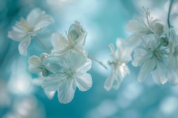 Close up view of multiple white flowers, showcasing delicate petals and stems, Subtle hints of aquamarine peeking through a pale blue wash
