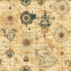 Vintage tapestry antique map motif on vintage beige fabric background, seamless repeating pattern, textile print style, minimal, tapestry design, seamless antique map motif, home decor, 