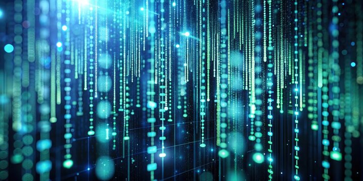 High-definition photo of a science-themed digital code matrix, featuring a complex web of data streams and bright codes floating in a dark virtual space