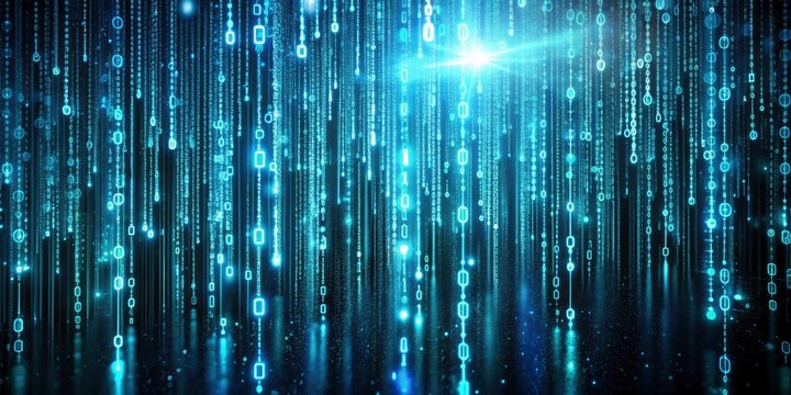 High-definition photo of a science-themed digital code matrix, featuring a complex web of data streams and bright codes floating in a dark virtual space