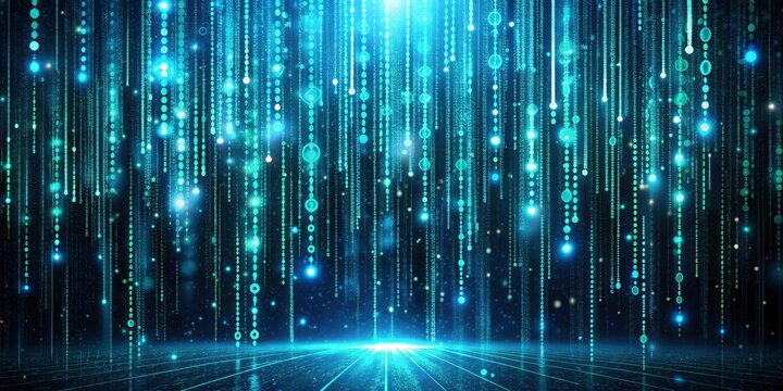 High-definition photo of a science-themed digital code matrix, featuring a complex web of data streams and bright codes floating in a dark virtual space