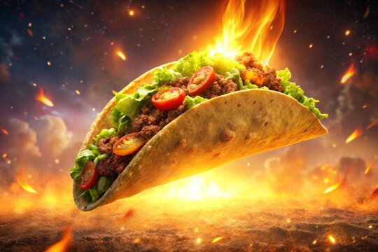 a photo image of a giant taco soaring through the air, flames and sparks surrounding it, filling the surrounding sky with a warm orange glow