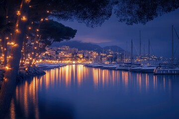 Naklejka premium Nighttime view of a harbor with sailboats and lights reflecting on the water