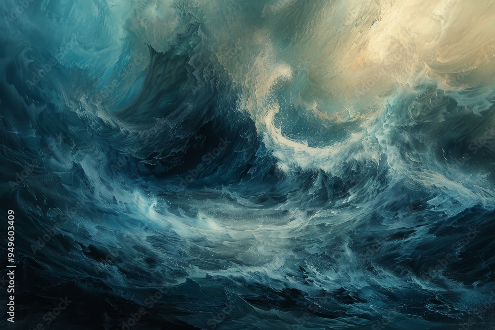 Poster a large wave crashes in the ocean, with dynamic movement and texture, subtle textures creating a sen