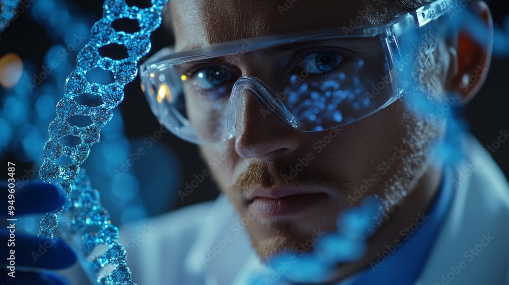 Poster a man wearing a lab coat and goggles is looking at a blue object