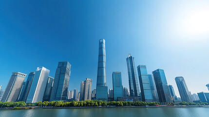 Obraz premium Dynamic city skyline with modern skyscrapers representing a thriving business district, showcasing economic growth and opportunities under a clear blue sky