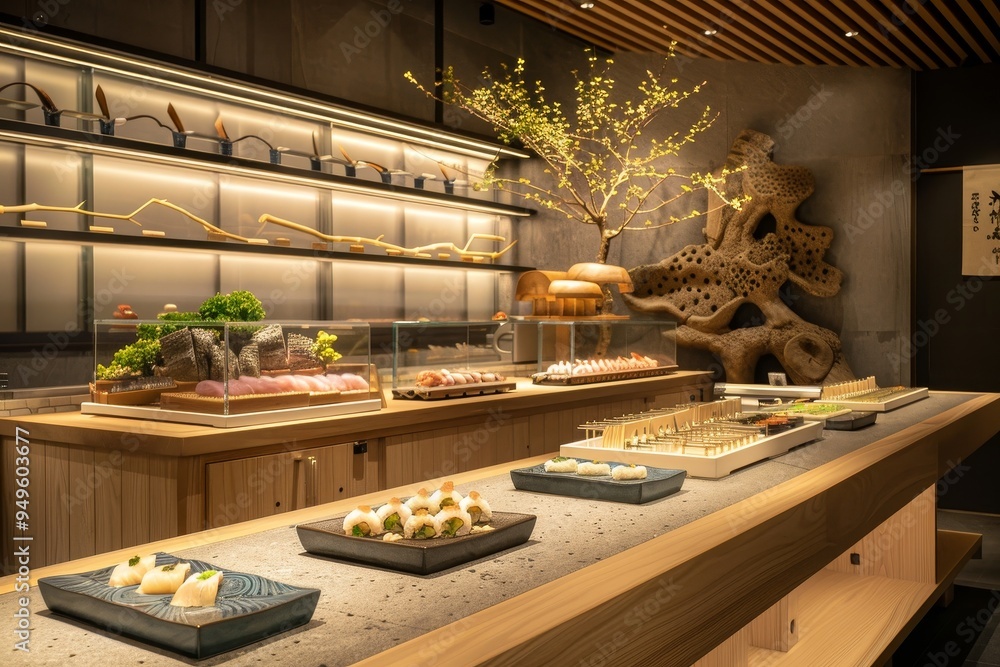 Aufkleber a buffet table showcasing an array of delicious food options, subtle tones of a serene sushi bar wit