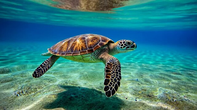 Sea Turtle Swimming Underwater.