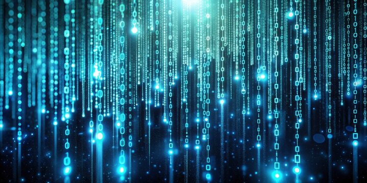 High-definition photo of a science-themed digital code matrix, featuring a complex web of data streams and bright codes floating in a dark virtual space