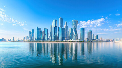 Naklejka premium Dynamic city skyline with modern skyscrapers representing a thriving business district, showcasing economic growth and opportunities under a clear blue sky