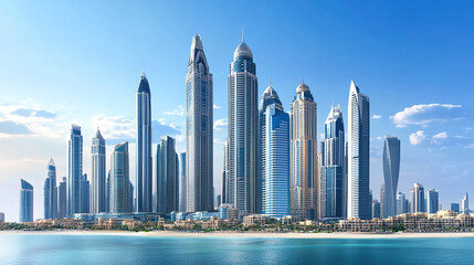 Obraz premium Dynamic city skyline with modern skyscrapers representing a thriving business district, showcasing economic growth and opportunities under a clear blue sky