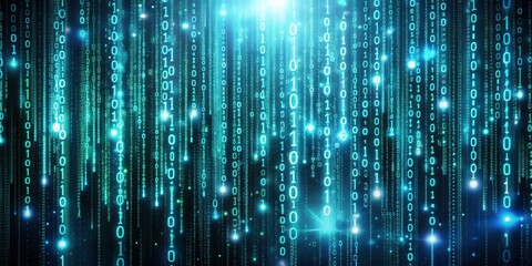 High-definition photo of a science-themed digital code matrix, featuring a complex web of data streams and bright codes floating in a dark virtual space