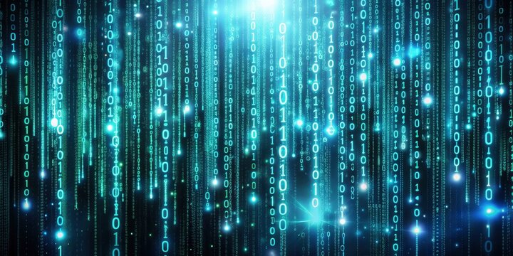 High-definition photo of a science-themed digital code matrix, featuring a complex web of data streams and bright codes floating in a dark virtual space