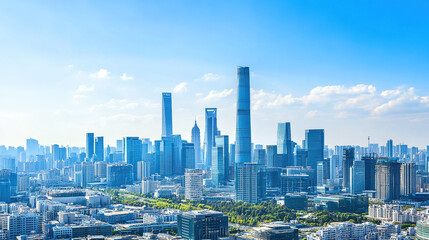 Fototapeta premium Dynamic city skyline with modern skyscrapers representing a thriving business district, showcasing economic growth and opportunities under a clear blue sky