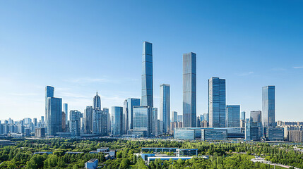 Obraz premium Dynamic city skyline with modern skyscrapers representing a thriving business district, showcasing economic growth and opportunities under a clear blue sky