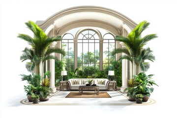Fototapeta premium opulent conservatory featuring large windows, exotic plants, and classical decor