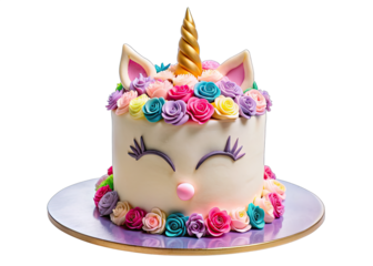 A white unicorn shaped birthday cake decorated with colorful flowers and a golden horn