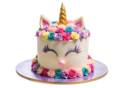 A white unicorn shaped birthday cake decorated with colorful flowers and a golden horn