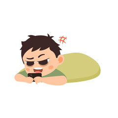 Cartoon illustration of a kid addicted to mobile games