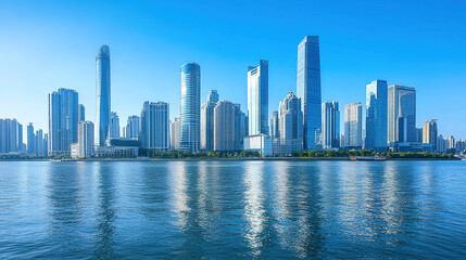 Dynamic city skyline with modern skyscrapers representing a thriving business district, showcasing economic growth and opportunities under a clear blue sky