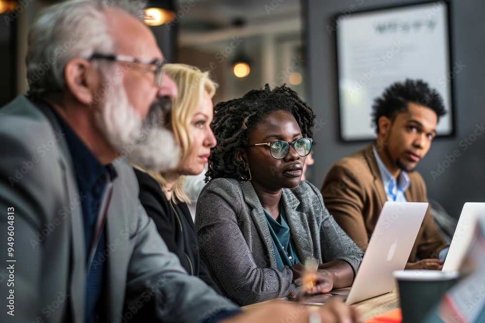 Poster group of business owners engaged in strategizing and problem-solving at a table while using laptops,