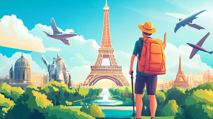 Fototapeta premium A traveler admires the Eiffel Tower while planes soar above in a vibrant illustrated depiction of Paris during the daytime
