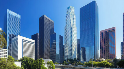 Dynamic city skyline with modern skyscrapers representing a thriving business district, showcasing economic growth and opportunities under a clear blue sky