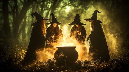 A group of witches casting spells around a cauldron