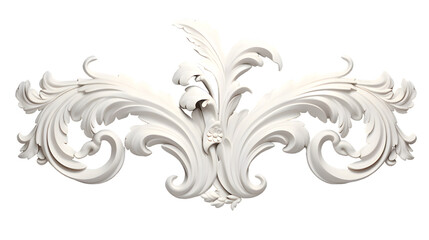 3D illustration of white decorative relief beautiful detailed ornament with acanthus leaves decoration in baroque style isolated on transparent background