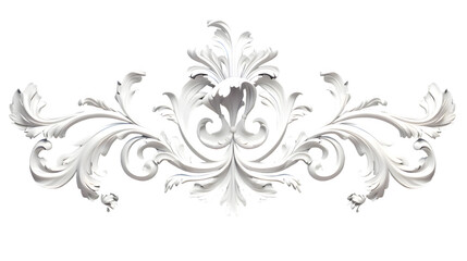  3D illustration of white decorative relief beautiful detailed ornament with acanthus leaves decoration in baroque style isolated on transparent background