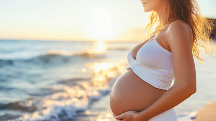 Pregnant girl on sea beach, sea background