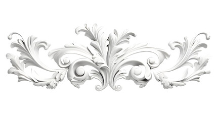  3D illustration of white decorative relief beautiful detailed ornament with acanthus leaves decoration in baroque style isolated on transparent background