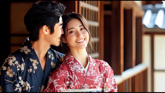 笑顔で温泉旅行する男女