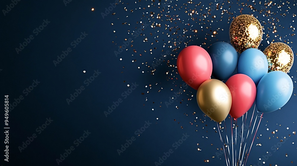 Aufkleber bunch of colorful balloons with golden confetti floating on a blue background with copy space. perfe