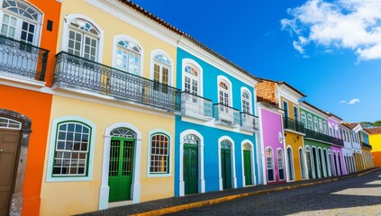 Naklejka premium Colorful Colonial Buildings with Balconies on a Cobblestone Street