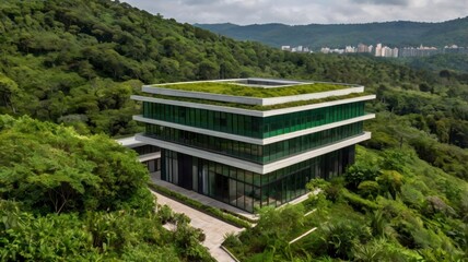 Modern green-roofed building surrounded by lush vegetation