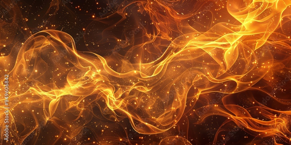 Poster abstract golden swirls and glowing particles on a dark background