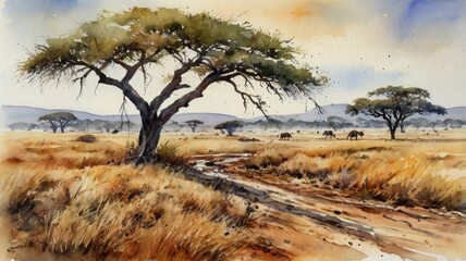 Modern watercolor art of African savanna landscape