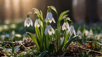 Morning sunlight on delicate snowdrop flowers
