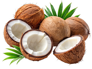 A group of coconuts, some whole and some halved, with palm leaves on a white background