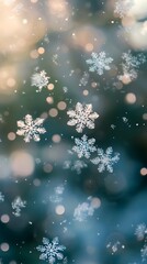 Christmas snowflake winter blur vertical background. Many white cold flake elements. White snowflakes flying in the air. Snowflake light sunset and frost.