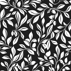 Fototapeta premium Vector seamless pattern with leaves and curls. Monochrome abstract floral background. Stylish monochrome texture