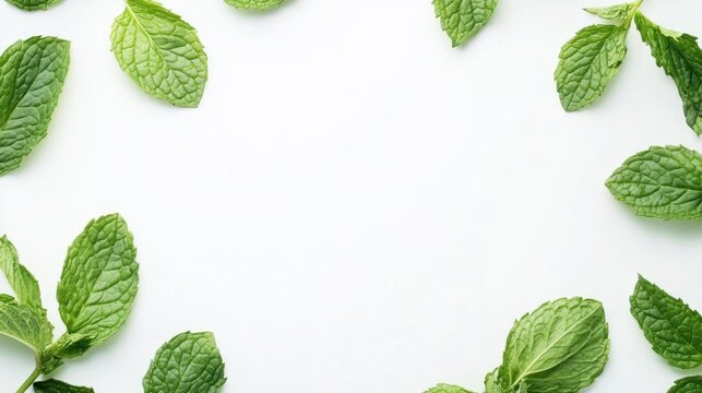 Fresh green mint leaves are scattered across a bright white background, creating a clean and refreshing herbal frame with space for text in the center.