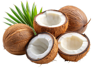 A group of coconuts, some cut open to reveal the white flesh inside, sit on a white background with a single palm leaf