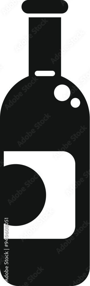 Poster simple black and white vector icon of a bottle of wine with its label, showing bubbles from the ferm