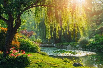 A pond surrounded by an assortment of trees and flowers in a sun-dappled garden setting, Sun-dappled garden with a peaceful pond and weeping willow tree