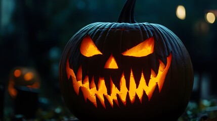 Obraz premium A close-up of a jack-o-lantern with an evil grin